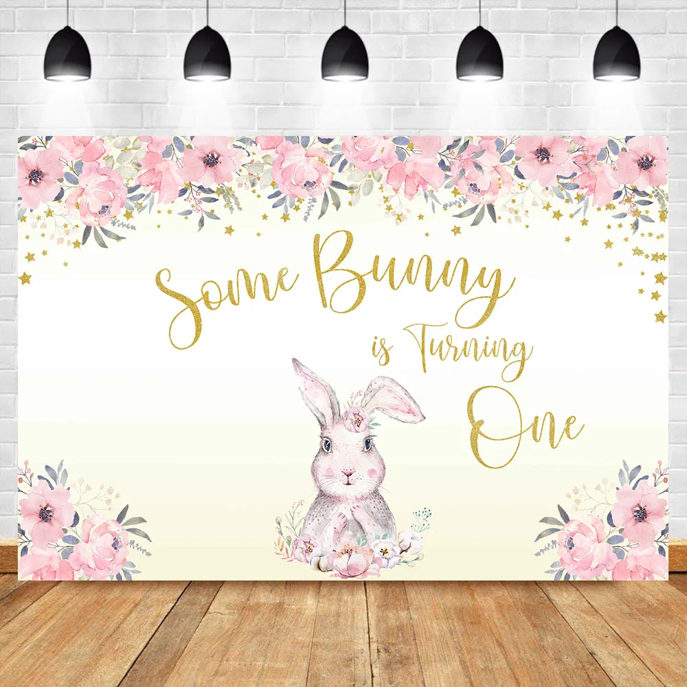 

NeoBack Pink Flower Baby Nowborn First Birthday Party Photography Background Gold Little Star Cute Rabbit Photography Backdrops