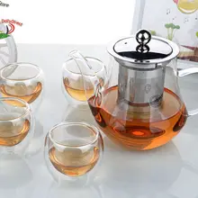 1х чайный набор-565 мл Термостойкое стекло JX чайный горшок с крышкой и заваркой из нержавеющей стали+ 4 х 90 мл чашки с двойными стенками