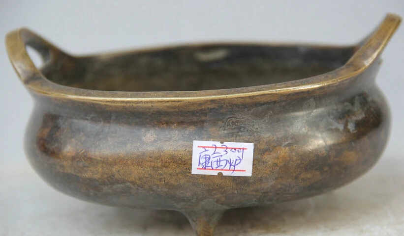 

Elegant old S1749 6" Old Marked Chinese dynasty Bronze Folk 3 Foot handle Incense Burner Censer statue