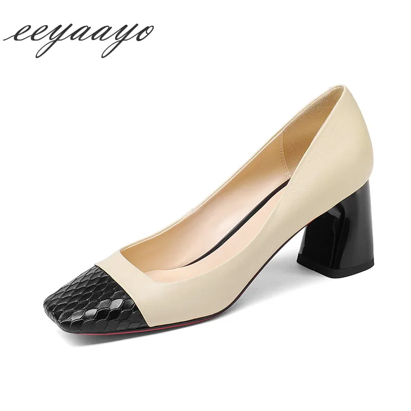 

2019 New Genuine Leather Spring Women Pumps High Heel Square Toe Shallow Sexy Ladies Women Cow Leather Shoes Nude High Heel