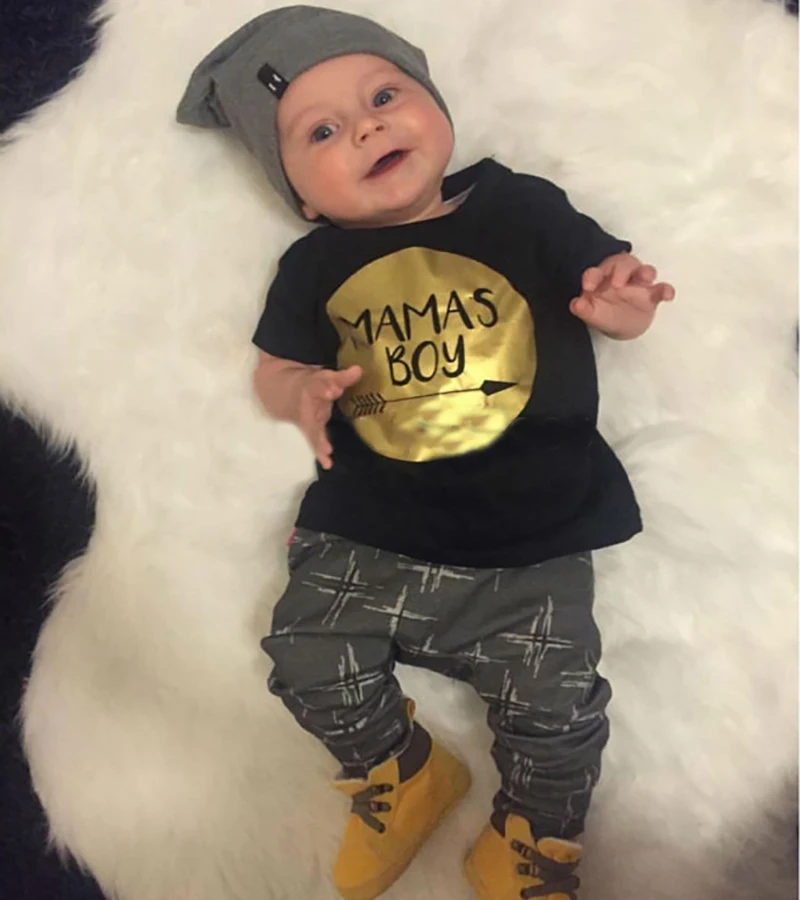 Одежда для новорожденных и малышей, модная короткая футболка для малышей Топы и штаны, комплекты одежды для маленьких мальчиков, Goldden Mamas boy Arrow