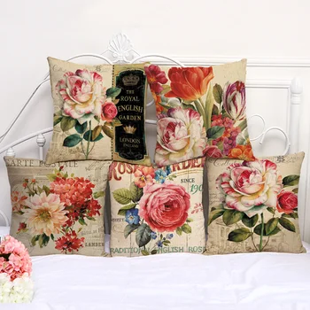 

Decorative Pillow Cushion Case Rose Garden Retro Pillowcase 17.5 Inch Cotton Linen Chair Seat Throw Pillow Cover P1077