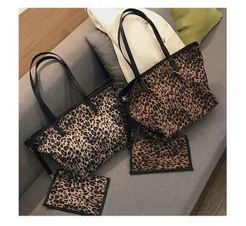 

2Pcs/Set Plush big bag female 2018 new tide leopard print zipper shoulder bags large-capacity tote shopping Hand bags handbag