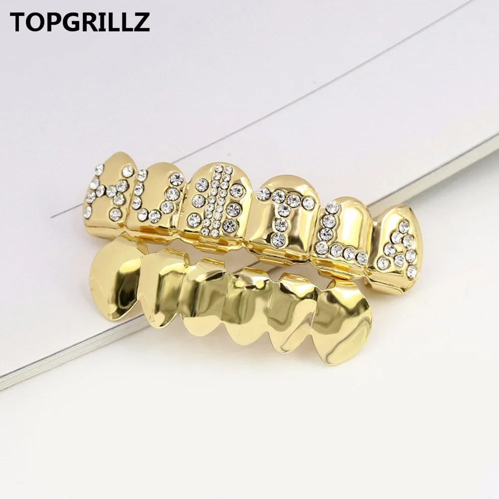 TOPGRILLZ золото цвет покрытием Iced Out письмо CZ камень хип хоп ЗУБЫ для рот GRILLZ шапки Топ и дно грили набор Классический зуб