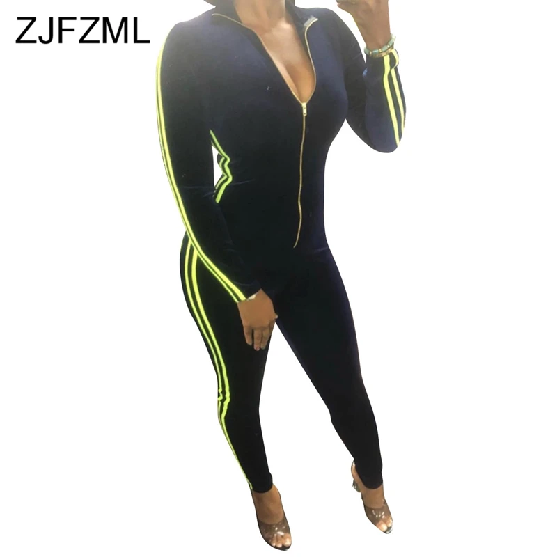 

Yellow Side Stripe Sexy Velvet Jumpsuit Casual Women Deep V Neck Long Sleeve Bandage Romper Mujer Front Zipper Plus Size Catsuit