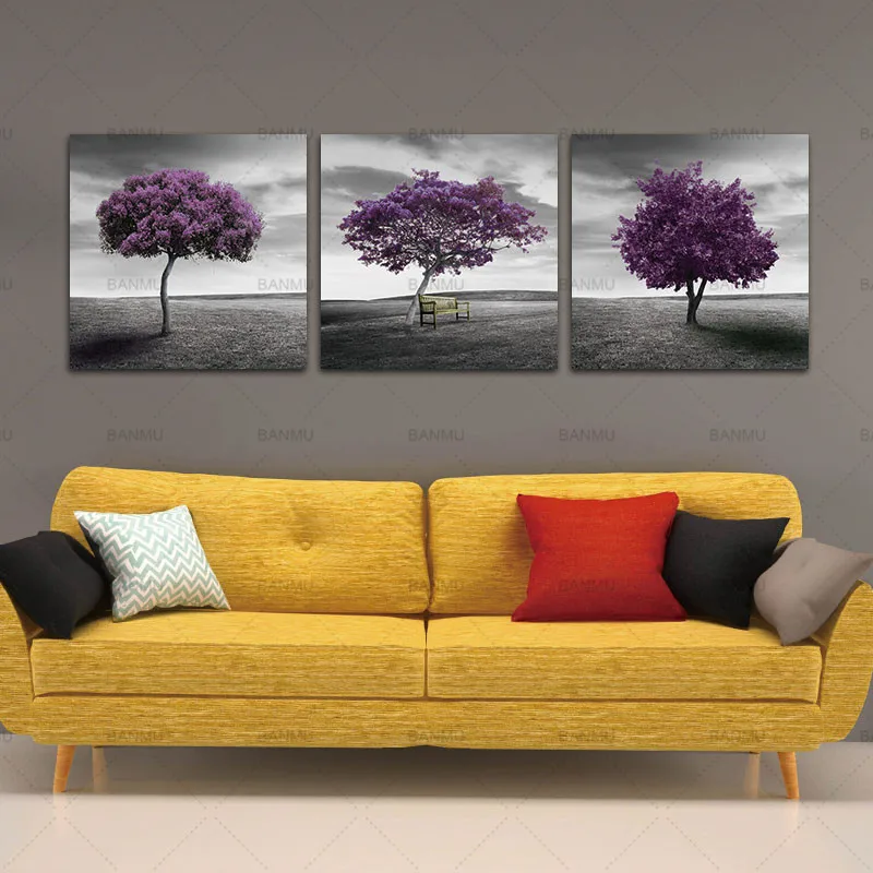 3 Piece Free Shipping canvas Modern Wall Art Home Decoration Purple Tree Large Living Room Oil Painting Pictures on Canvas Print | Дом и сад