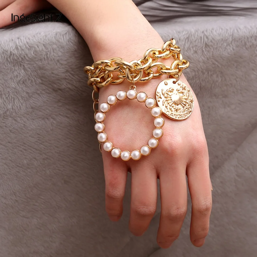

IngeSight.Z Vintage Carved Coin Bracelets Bangles Charm Bohemia Imitation Pearl Round Circle Pendant Bracelets for Women Jewelry