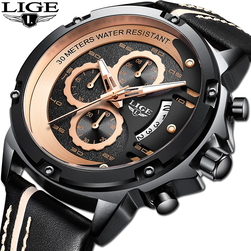 LIGE мужские часы лучший бренд бизнес кожаный ремешок водостойкие кварцевые спортивные часы хронограф военные мужские часы Relogio Masculino