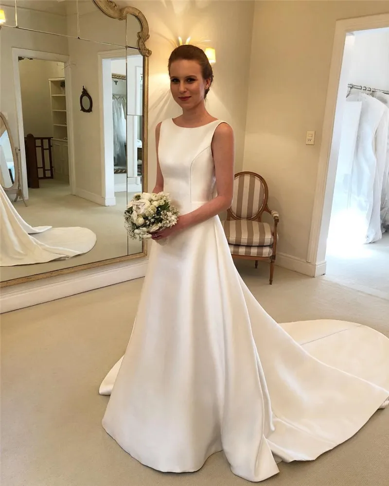 

Elegant Boho A-line Wedding Dresses 2019 Luxury Satin Bridal Dress With Sexy Backless Bow Formal Country Vestido de noiva