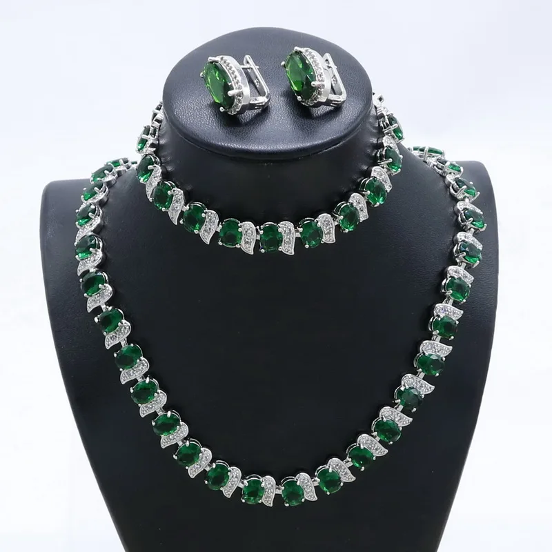 Geometric Green Crystal Necklace Earrings Bracelet 925 Sterling Silver Jewelry Sets for Women Party Wedding Bridal Jewelry