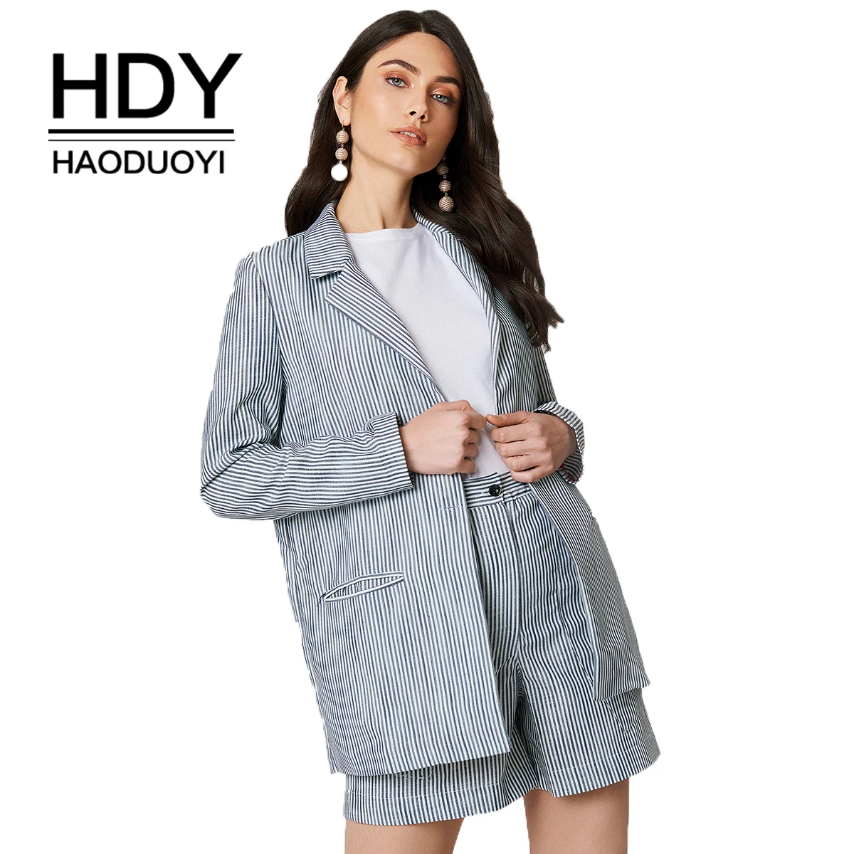 

HDY Haoduoyi Stripe Detailed Jacket Suit Autumn New Arrival Lady Office Style For Female Gothic Clothes Long Women Winter Coat