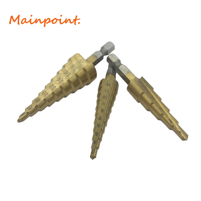 

3pcs Titanium Hss Stepped Down Drills Coated 1/4"Metric Imperial System Step Drill Bit Set Hex Shank Quick Release Electric Tool