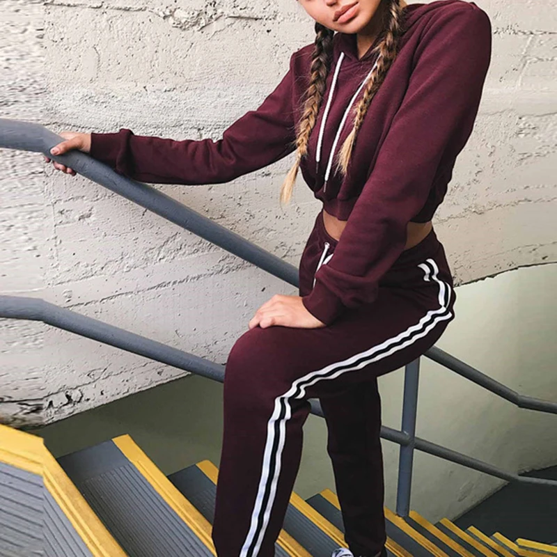 Women's Hooded Crop Tops Sweatshirt Long Pants Trousers Casual Clothing Suit New