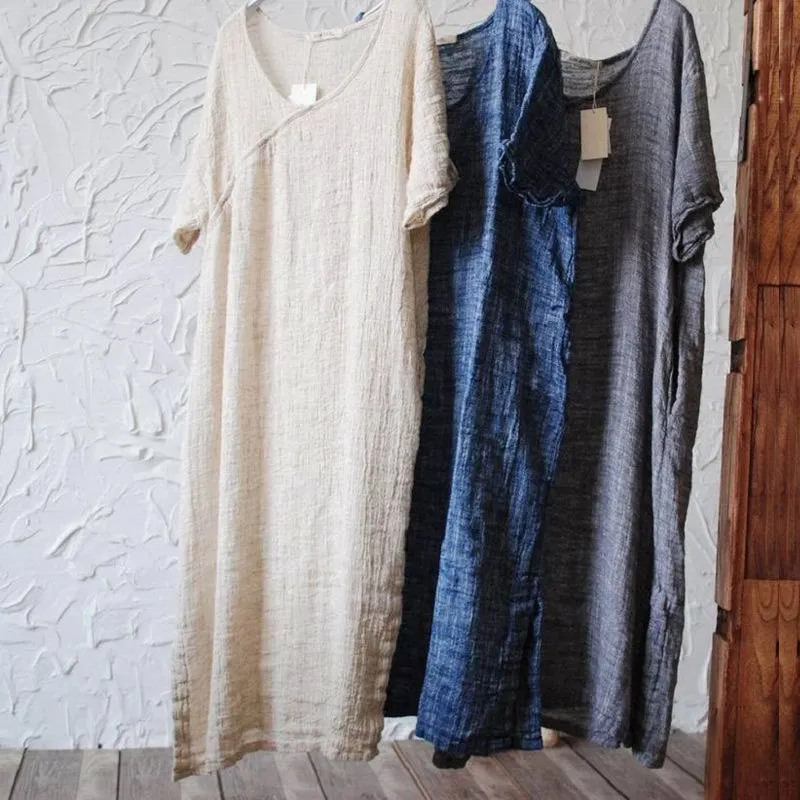 

ASYMSAY Casual Style Summer Linen Dress 2017 New Arrival Simple Short Sleeve And Hem Split O-neck Ladies Slim Shift Dress AC3758