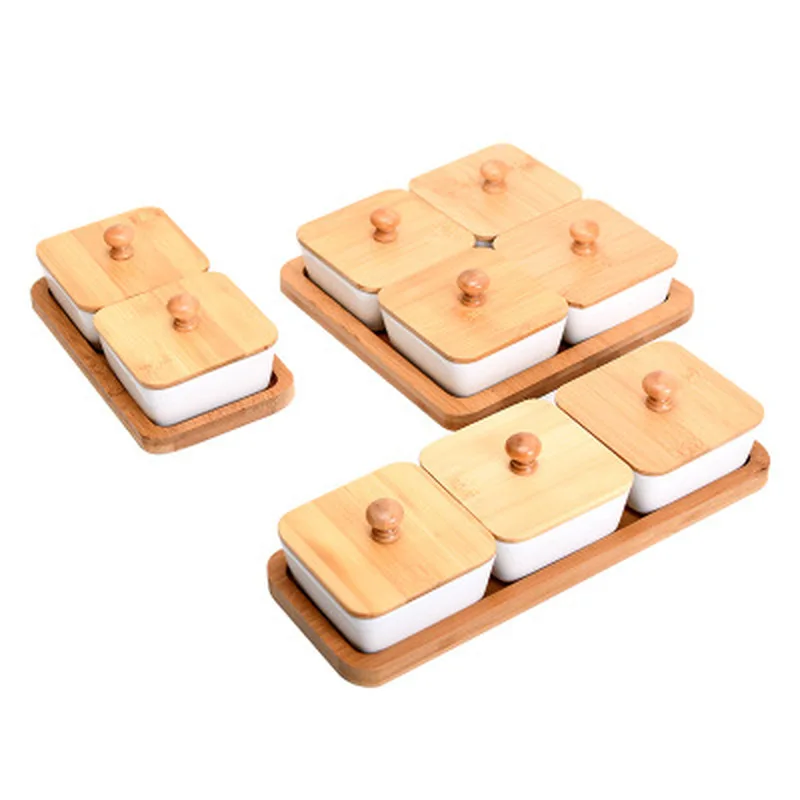 

Creative Rectangle Ceramic Bamboo Dry Fruit Dessert Box Dish Removable Multi Grid Plate Candy Dried Snack Foods Dessert Tea Tray