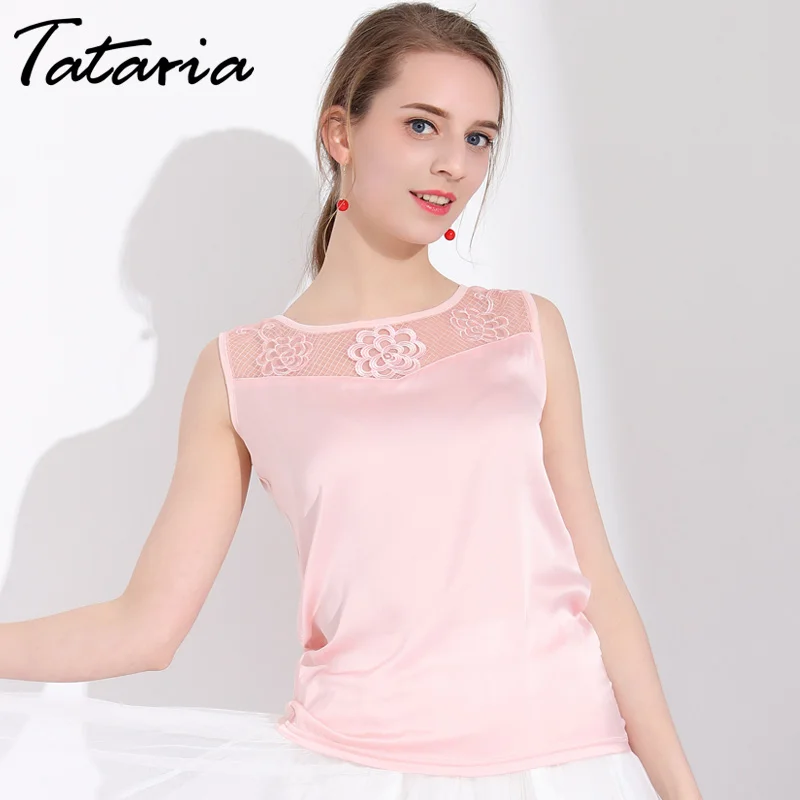 

Tataria Sleeveless Ladies Tops And Blouses Satin Lace Blouse For Women Summer Tops Work Wear Clothing Debardeur Chemise Femme