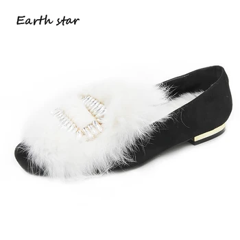 

Shoe Women Fashion Brand Flats zapatos de mujer Square Toe chaussures femme Rhinestone Black Angora Crystal Spring Silp On Flock