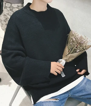 Большой вязаный свитер мужской уличная мода Повседневный корейский Свободный круглый воротник мужской вязаный свитер 4 цвета - Цвет: Black as picture