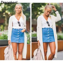 Новейшая популярная женская летняя джинсовая юбка с высокой талией облегающая Однотонная синяя повязка тонкая на кнопках Карандаш Короткие мини-юбки Y