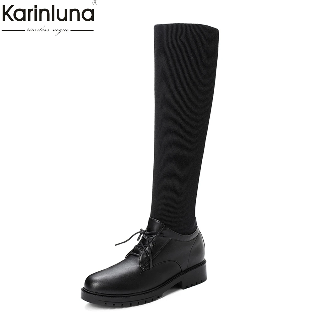 

Women's Brand design Sweet Girl Fake Leather Knee High Boots Women 2019 Big Size 32-43 Shoes Woman Sock boots chunky Heels