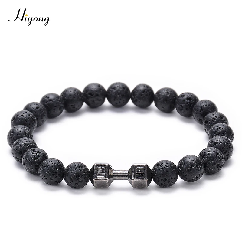 

7 Color Barbell Dumbbell Matte Black Lava Stone Bracelet Howlite Mala Amazon Beads Natural Stone Buddha Elastic Strand Bracelets