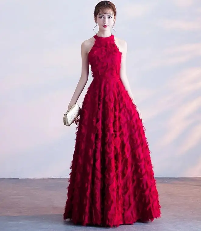 BANVASAC/, винтажные длинные элегантные вечерние платья без рукавов, с бретельками, с перьями - Цвет: Wine Red