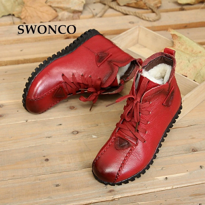 SWONCO Women's Winter Boots Genuine Leather Fur Wool Warm Woman Snow Boot Ankle Boots For Women Black Flat Ladies Shoes Boot Women's Shoes