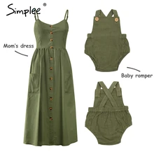 Simplee anne ve çocuk casual düğme elbise katı eşleştirme anne bebek aile kıyafetler pamuk elbise sevimli bebek romper yaz elbisesi