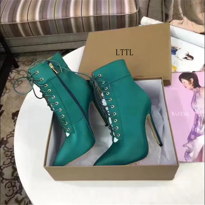 

2017 Luxury Silk Ankle Boots Women Pointed Toe Cut Outs Cross Strappy High Heel Shoes Women Sexy Party Shoes