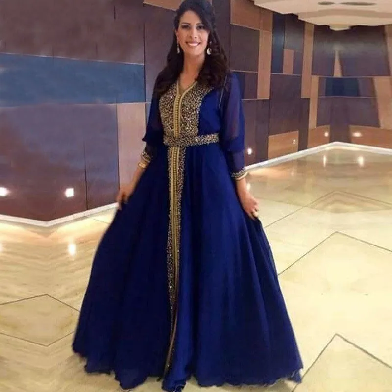 

Royal Blue Chiffon Evening Dresses 2019 Long Sleeves Vintage Saudi Arabian Muslim Red Carpet Formal Party Gowns with Gold Beads