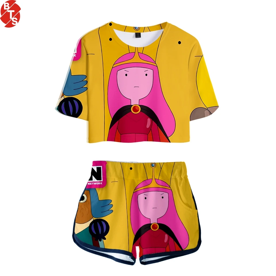 

Adventure Time 3D Printed Women Two Pieces Sets Fashion Summer Short Sleeve Crop Tops+Shorts 2019 Hot Sale Casual Sexy Clothes