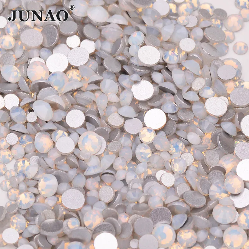 JUNAO ss6 ss8 ss10 ss16 Mix Size Opal Pink Crystal Glitter Round Rhinestones Glass Nail Art Stones Non Hotfix Strass for Dress C - Цвет: Opal White