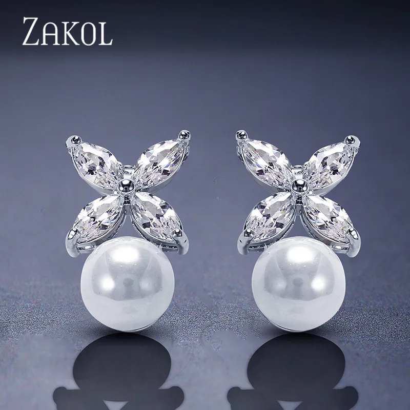 

ZAKOL Hot Sale White Color Crystal Zircon Flower Stud Earrings Imitation Pearl Wedding Jewelry Boucles d'oreilles FSEP525