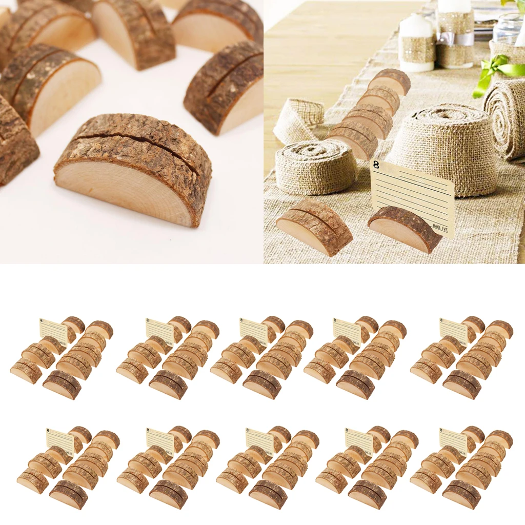 90pcs Rustic Wood Card Holders Log Shape Wooden Name Card Memo Holder Stand for Wedding Reception Office Tabletop Decoration