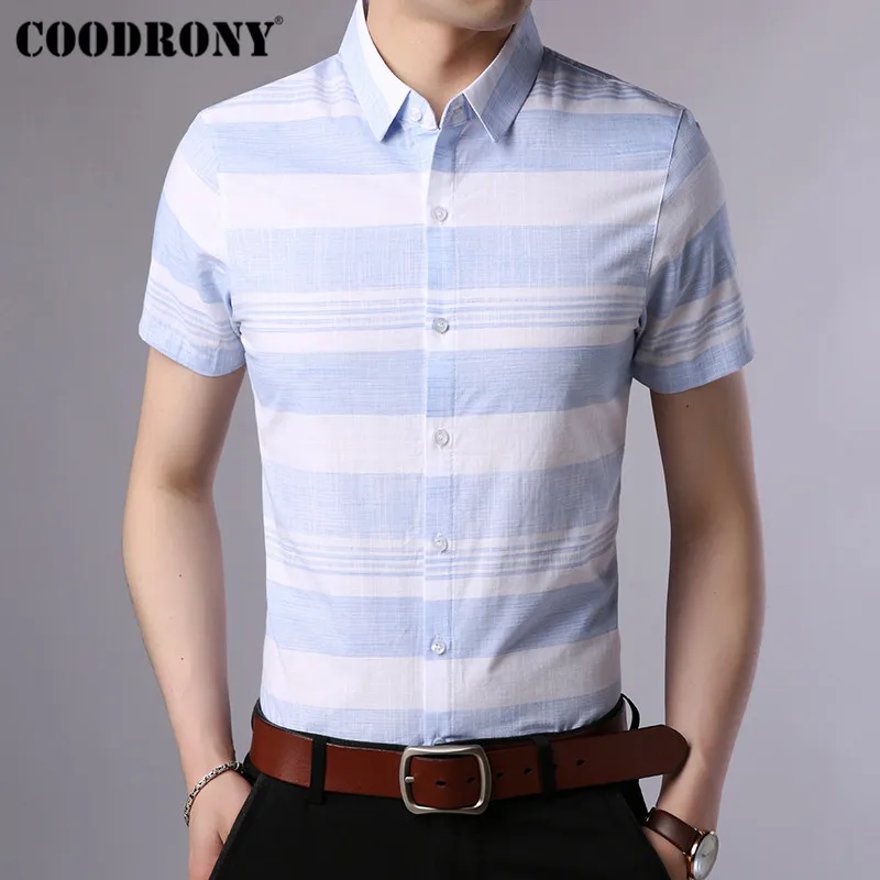 COODRONY 100% Cotton Shirt Men Cool Summer Short Sleeve