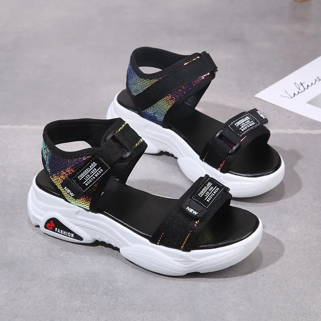 Sandalias deportivas informales de verano blancas y negras para mujer 2019 sandalias plataforma de cuña suela y transpirables mujer _ - AliExpress Mobile