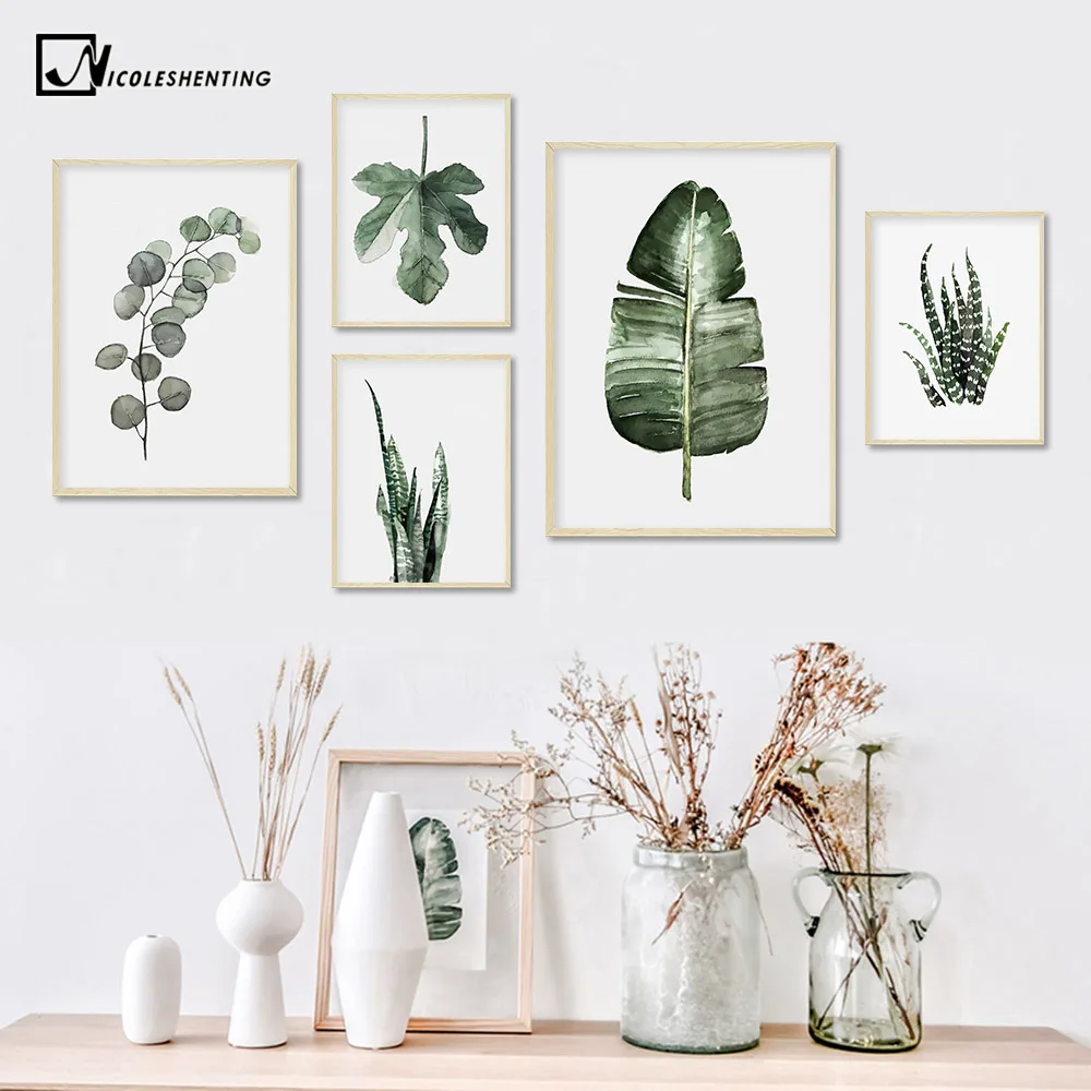 Плакат с акварельными листьями растений, печать на холсте, картина в скандинавском стиле, картина для гостиной, домашний декор, украшение-кактус