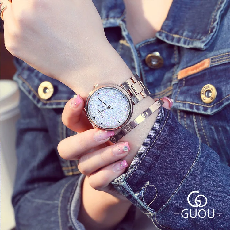 GUOU часы топ роскошные изысканные кварцевые женские часы Мода Алмазный стальной браслет женские часы saat relogio feminino