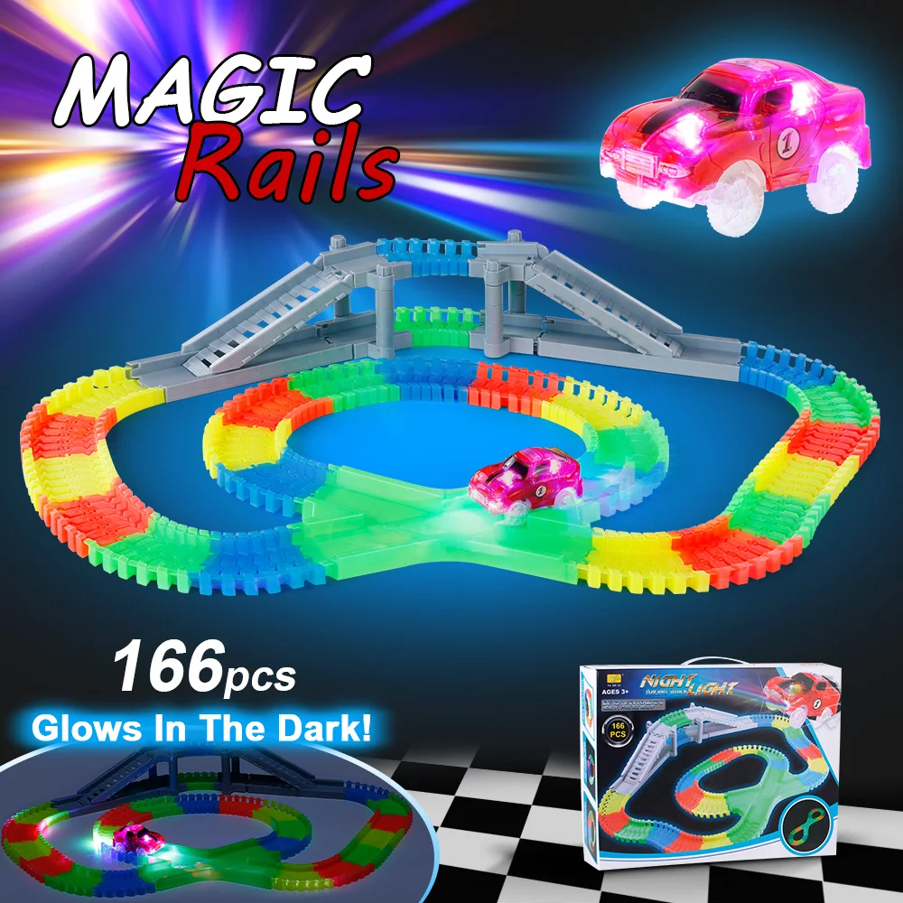 

166PCS Twisted Tracks Flexible Assembly Track Glow in the Darkness with Bridge Crossroad Track Race Car for Kids Christmas Gift