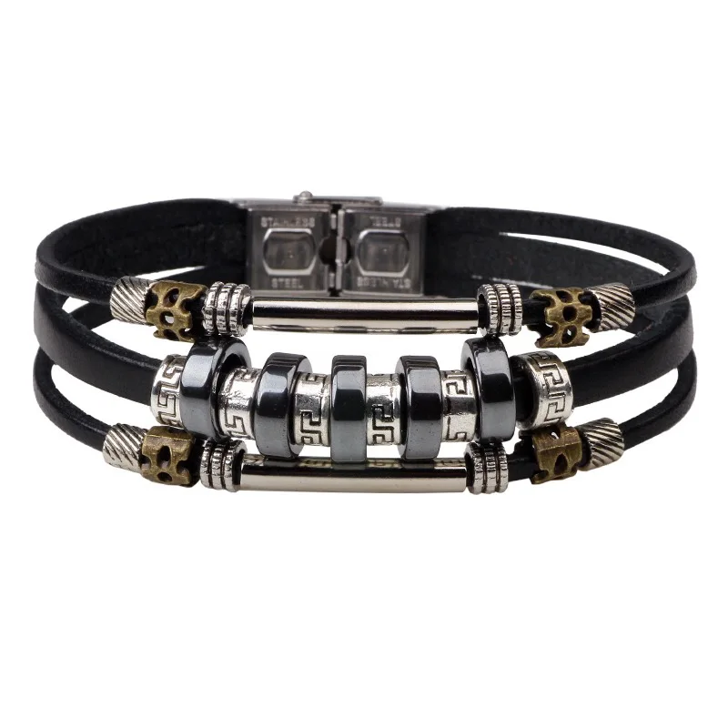 

Beaded Chain Link Retro Men Black Brown Vintage Black Fashion Cuff Bangle Leather Bracelets Women Men Jewelry Accessories