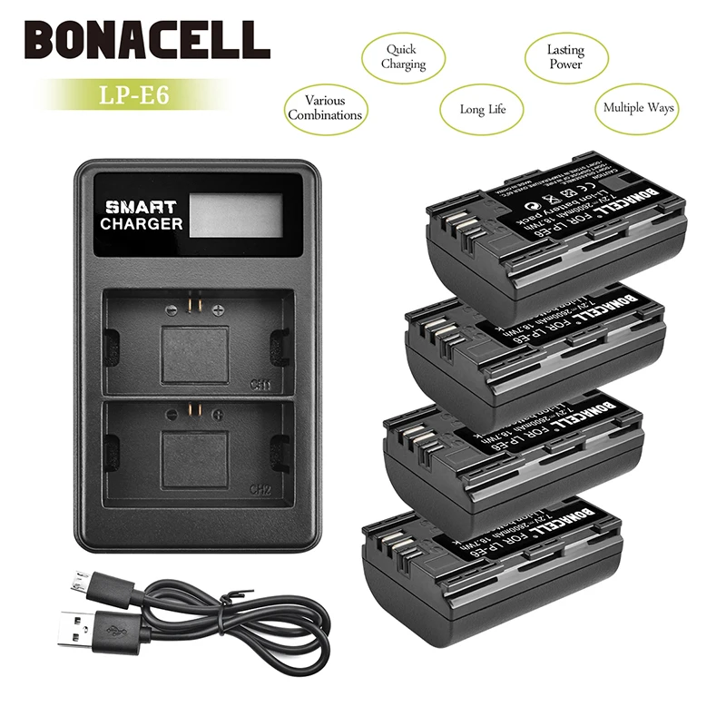 Bonacell 2.6Ah LP-E6 LP E6 батарея + LCD двойное зарядное устройство для камеры Canon 7D Mark II EOS 60D 70D