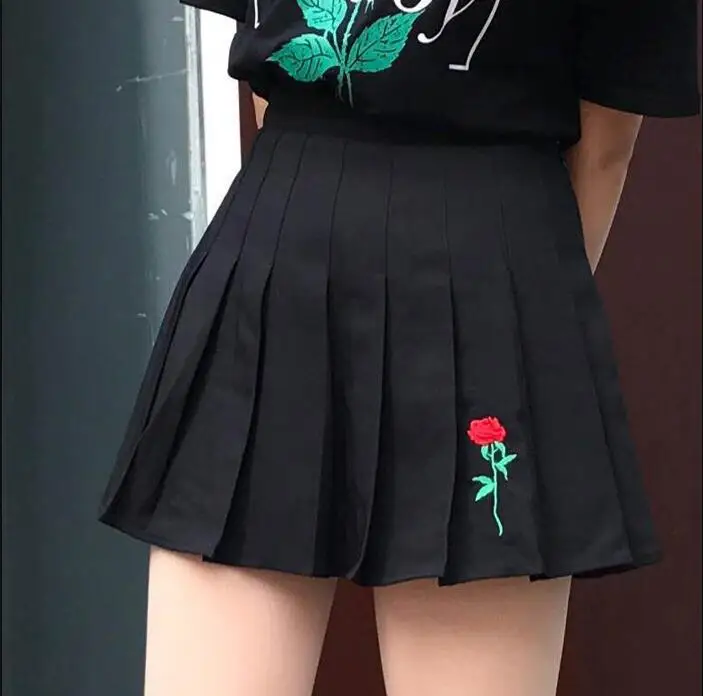 Школьная Faldas Mujer, кавайная юбка, летняя женская плиссированная юбка с вышитыми розами, высокая талия, повседневные юбки, женское бальное платье, черный S-L