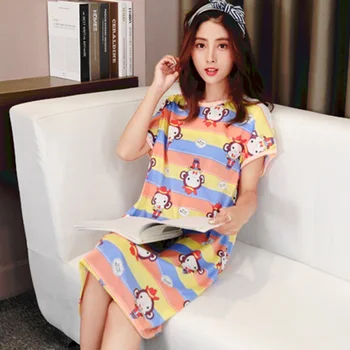 

Women's Nightdress Cute Home Clothes Short-Sleeved Simple Cartoon Print o-Neck Loose Dress