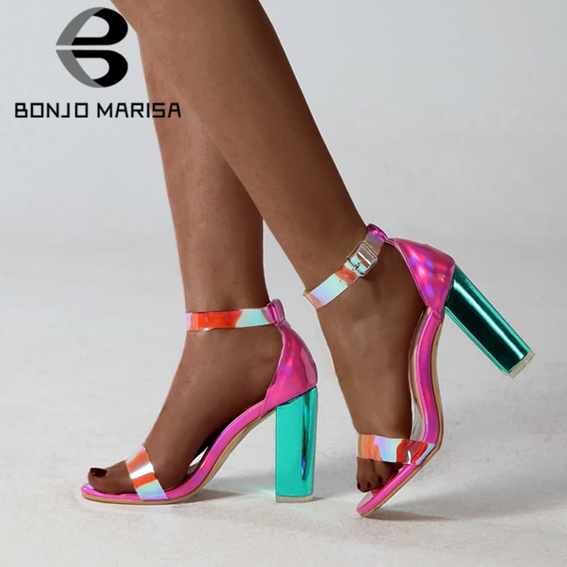 

BONJOMARISA New INS Hot Colored Party PVC Sandals Women 2019 Summer Large Size 35-42 Fashion Women High Heels Shoes Woman