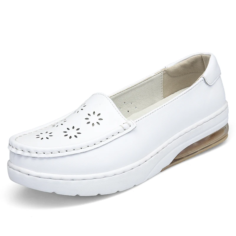 Women's White Air Cushion Hollow Breathable Nursing Shoes Cow Leather