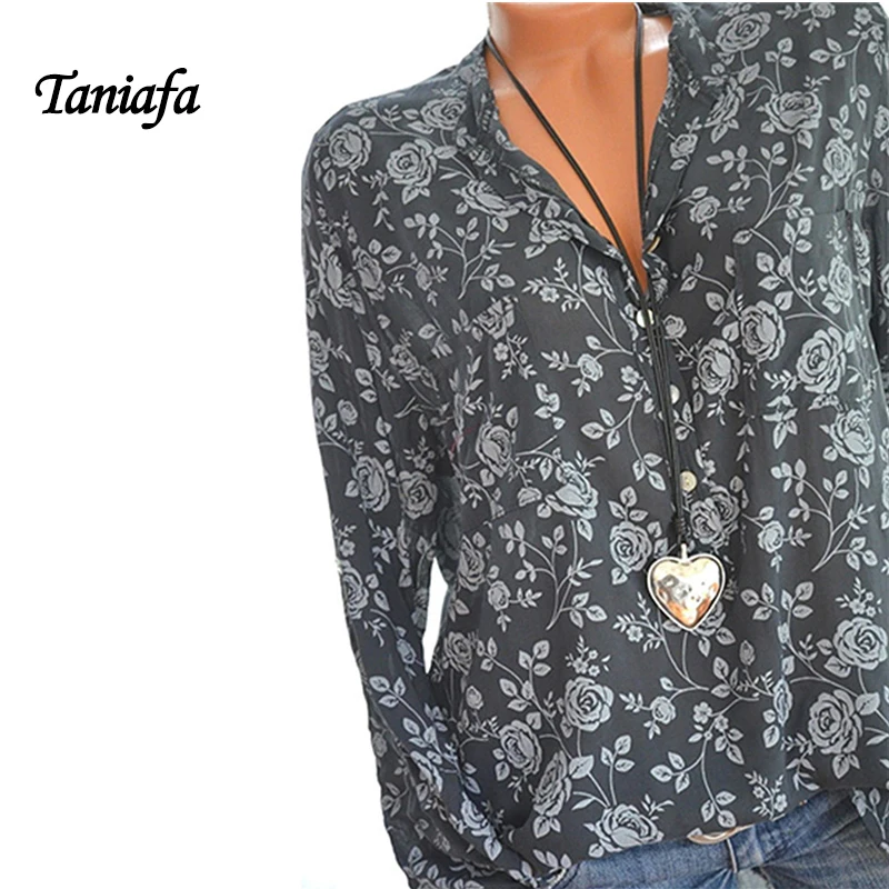 2018 New Arrival Women Shirt Long Sleeve V-Neck Button Print Casual Sexy Shirts Career Fashion Office T Shirts Tops Plus Size