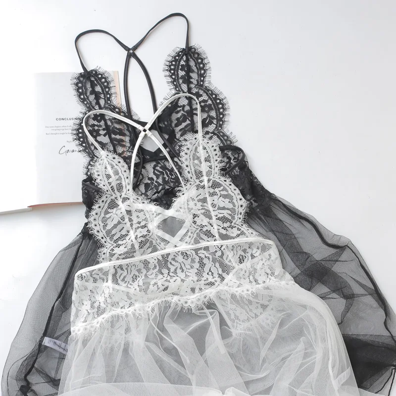 

2018 new full lace Sleepwear deep-v neck sexy women Nightwear grenadine nightgown lingerie Beauty back pack