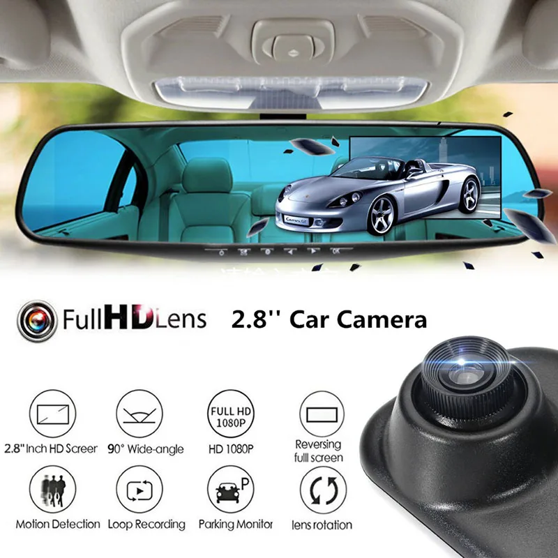

2.8 Inch Dash Cam Car DVR 1080P HD Night Vision Car DVR Blue Review Mirror Camera Digital Video Recorder Auto Camcorder Display
