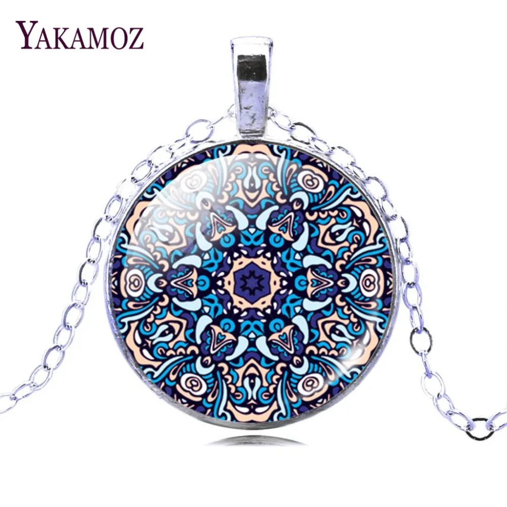 

Silver Plated Chain Long Chain Necklaces Jewelry Mandala Flower Glass Cabochon Pendant Necklaces Buddhism Mandala Necklace