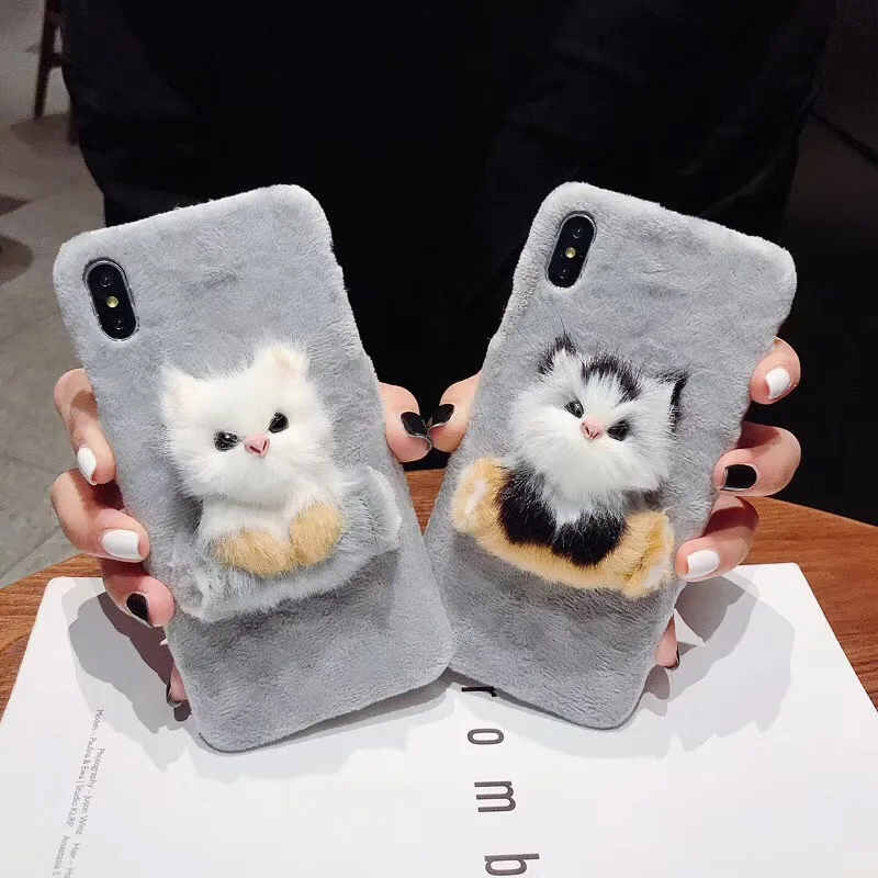 ZMASI 3D Furry Cat Plush Hard Cases for iPhone X XR XS Max Phone Case